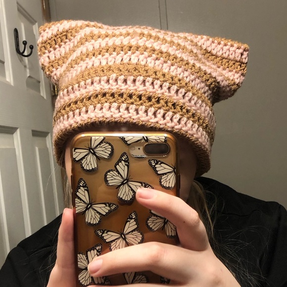 Tan and Pink Crochet Cat Ear Beanie - Picture 3 of 4